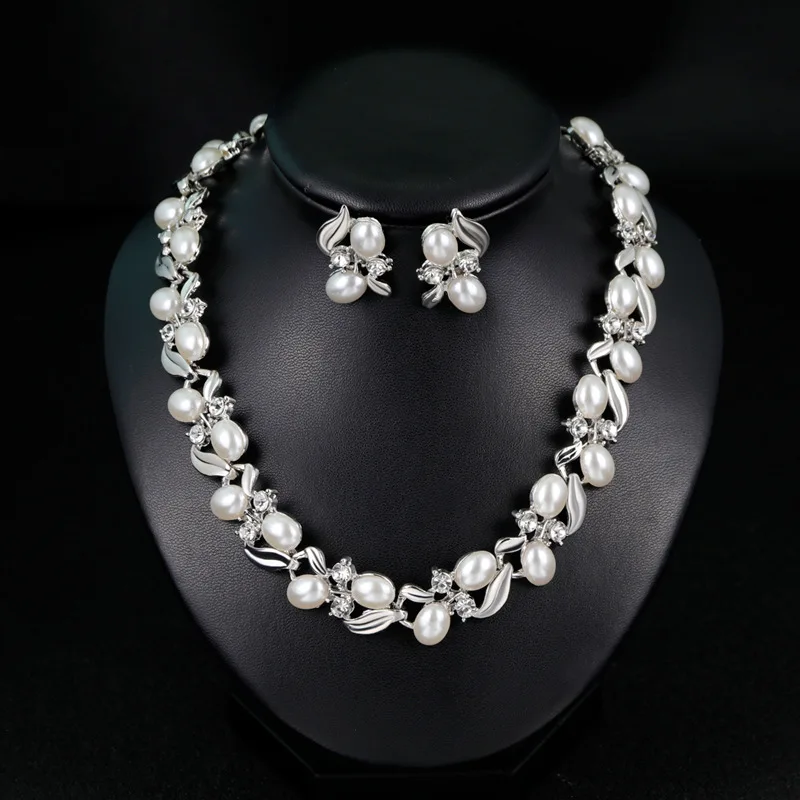 

Hot sale necklace jewelry set rhinestone pearl necklace earrings bridal two-piece set Fashion wedding accessories, Gold color