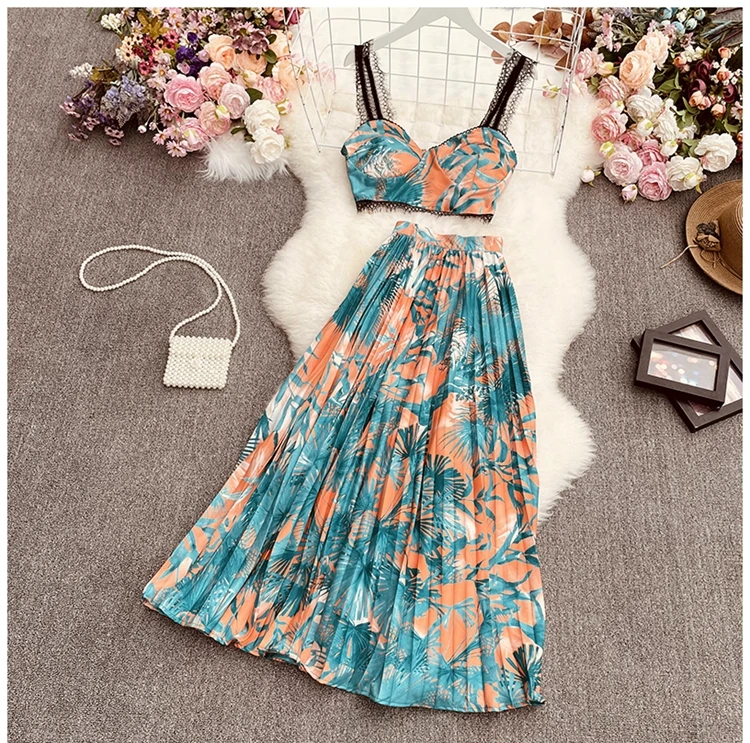 

2022 Summer Bohemian Style High Waist Pleated Two Piece Set Long Maxi Elegant Casual Dress Summer Dresses Women Lady Elegant