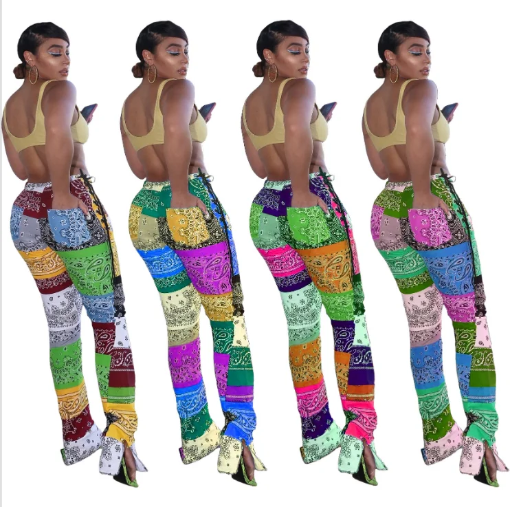 

S to 3XL Wholesale womens pants women split sweat fashion bandana print pants plus size sweat pants leggings, White, yellow, gray, green, black, pink, blue