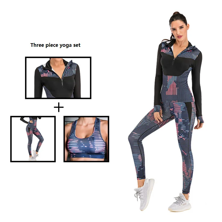 

Wholesale Customize Front Zipper Jacket Sports Bra Leggings Women Long Sleeve 3 Piece Yoga Set