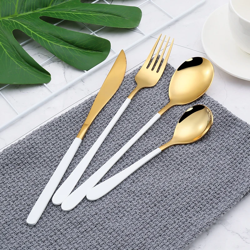 

High Quality Korean Spoon Fork Knife Painted Color Handle Stainless Steel 304 Gold Cutlery Set for Weeding Gift, Pink,white,black,red,blue,green