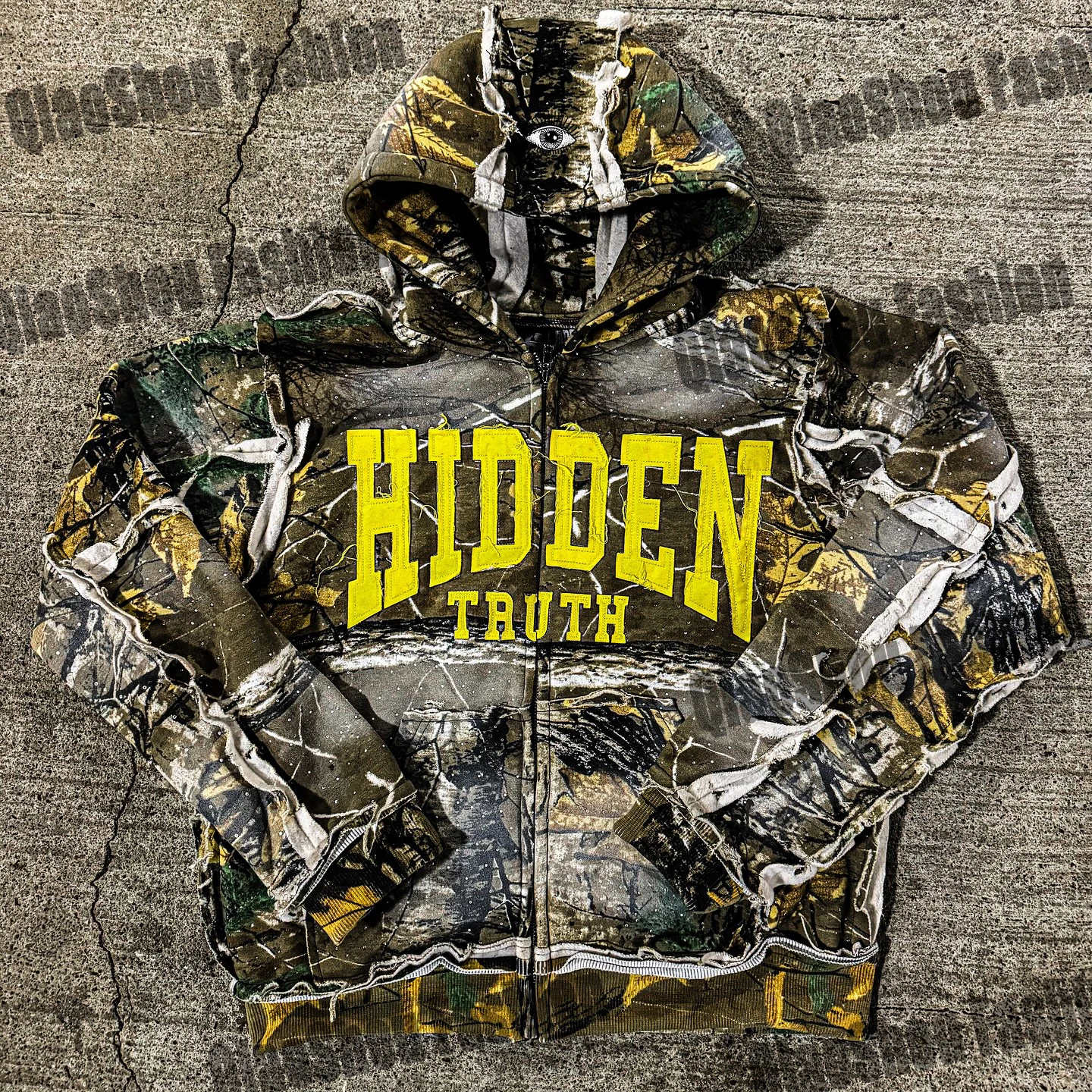 2025 New Design Camouflage Embroidery Applique Patch Letter Sweatshirt Hoodie Acid Wash Rhinestone Zip up Hoodie