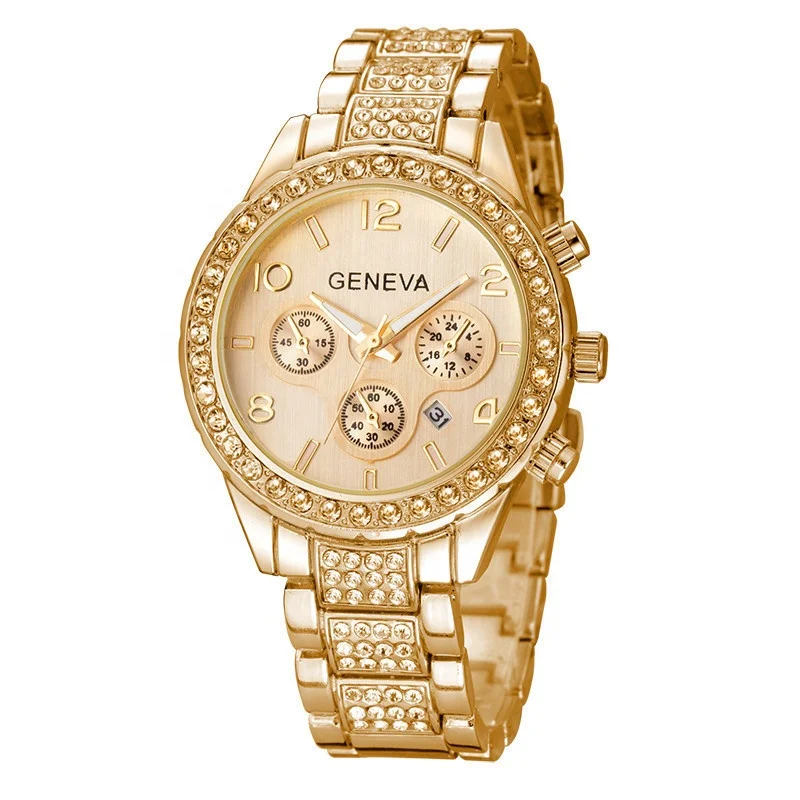 

Stainless Steel Back Chronograph Quartz Diamond Gold Geneva Watch Women Ladies Relog Geneva Watches