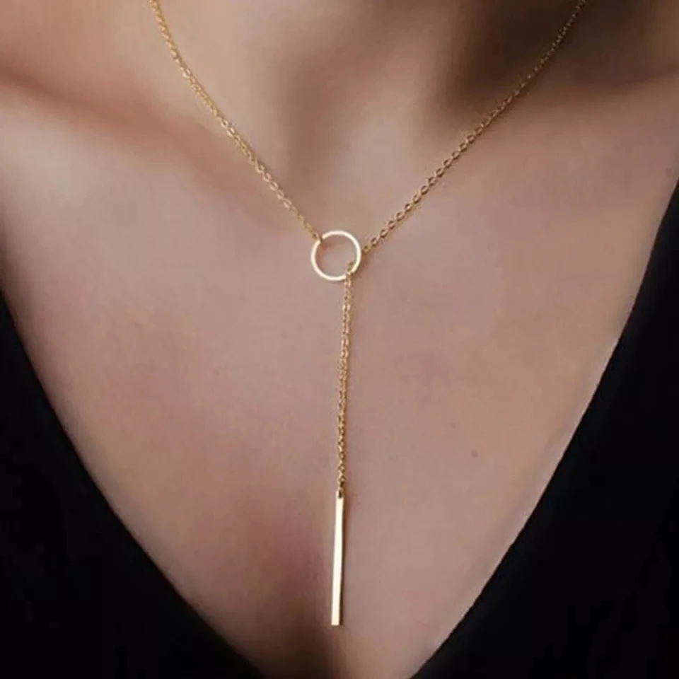 Ins Most Popular Designer Trendy 316 Stainless Steel Jewelry Circle Lariat Bar Pendant Necklace Women