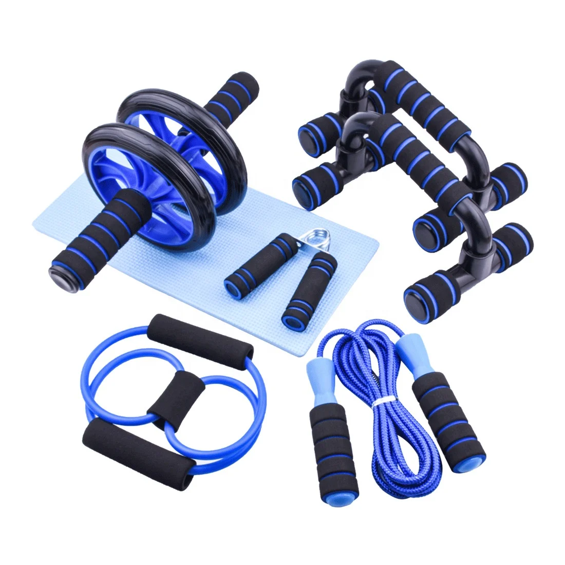 

Home Exercise Equipment Set Multifunctional Abdominal Wheel With Push-UP Bar Jump Rope Hand Gripper and Knee Pad, Black/blue