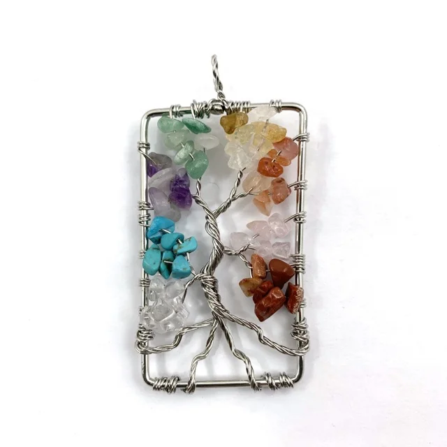 

Beaded gemstone 7 Chakra stones plated bronze pendant Tree of Life