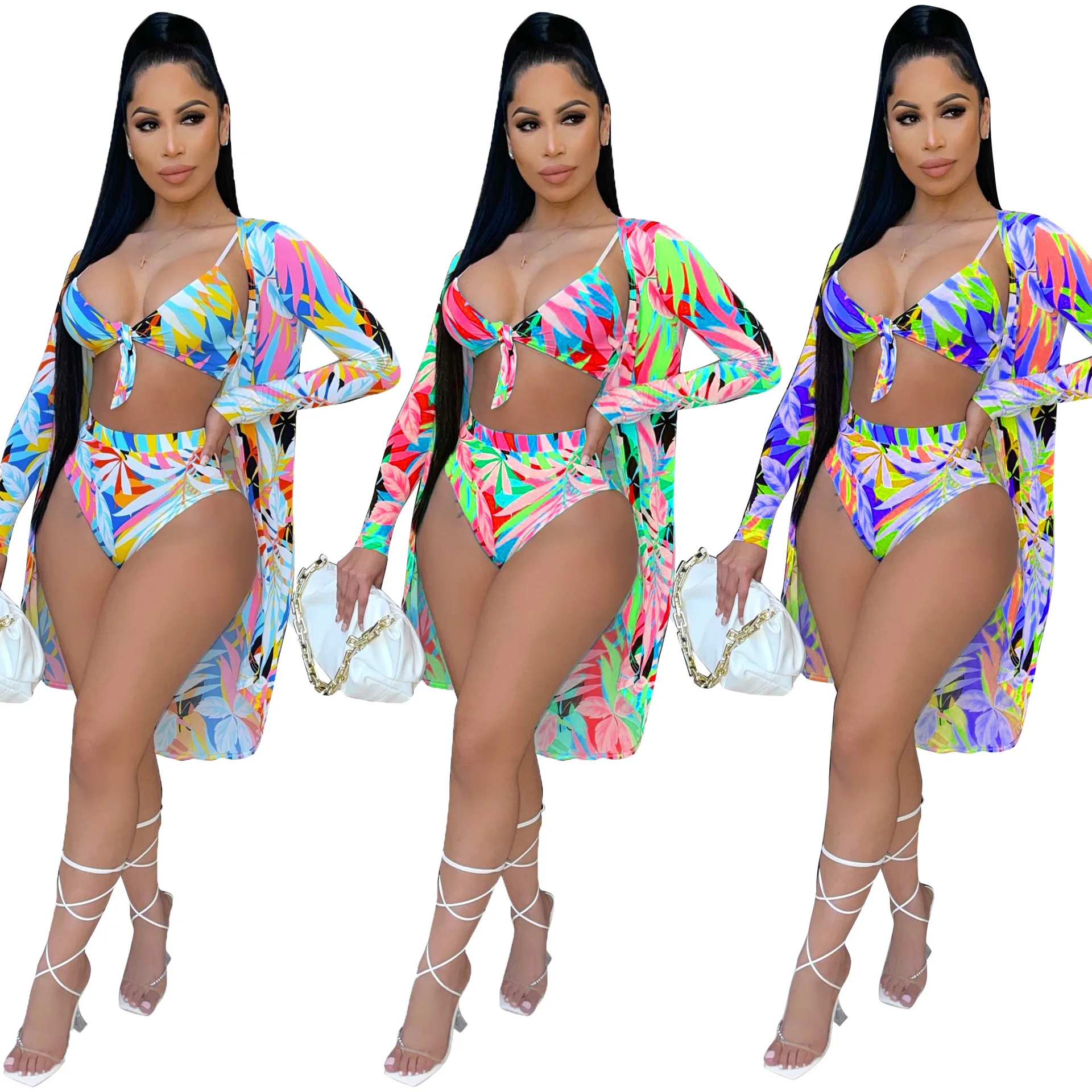 

Sexy Swimwear Bathing Summer 2021 Printed Cloak Bikini And Cover Ups Fashion Three Piece Swimsuit For Women