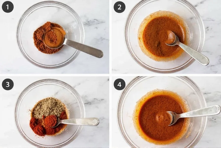 Step-by-step process of making homemade hot pepper spice blend with measuring spoons and mixing bowl
