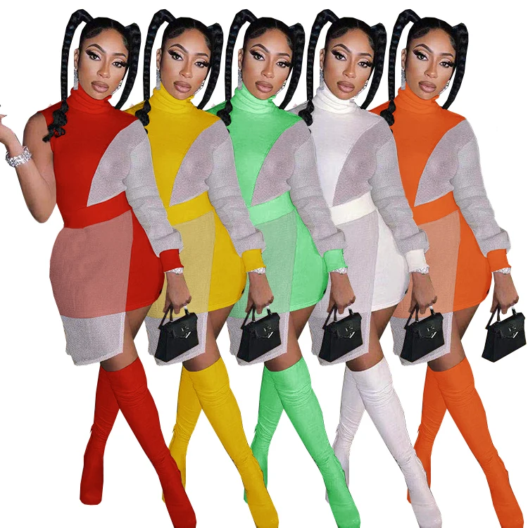 

2021 new arrivals summer grils' color blocking sexy night club long sleeve mini prom mesh casual dresses women clothes clothing, Picture