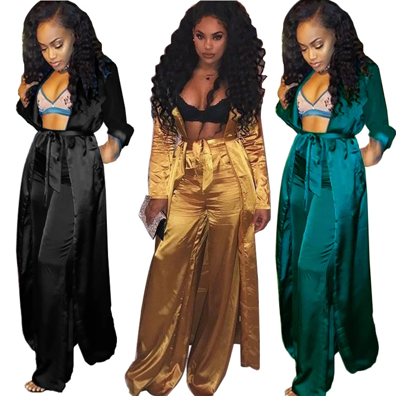 

Fashion Casual Sports Silk Satin Women Pants Two Piece Wide Leg Trouser Pants Set Women Clothing, 3 color