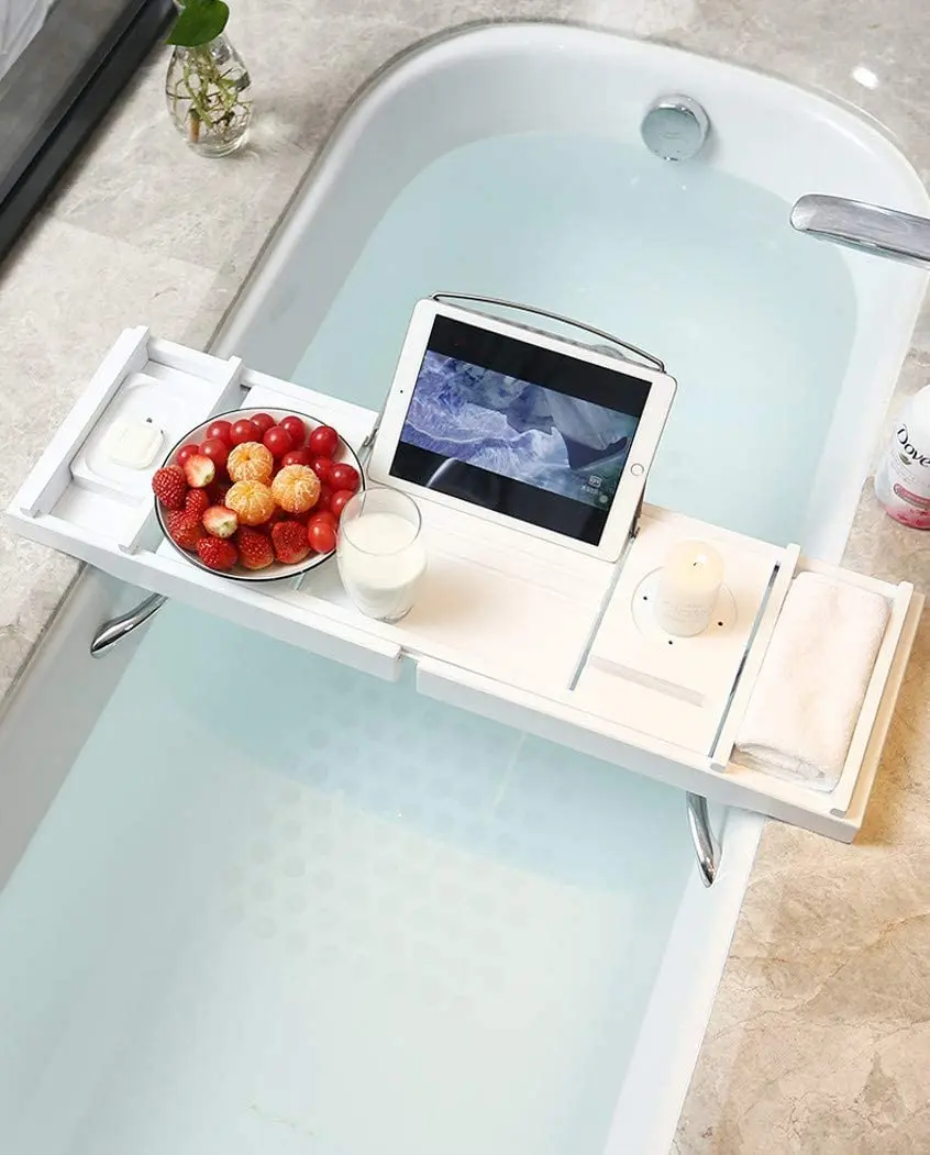 

White Extendable Bamboo Bath Caddy Tray