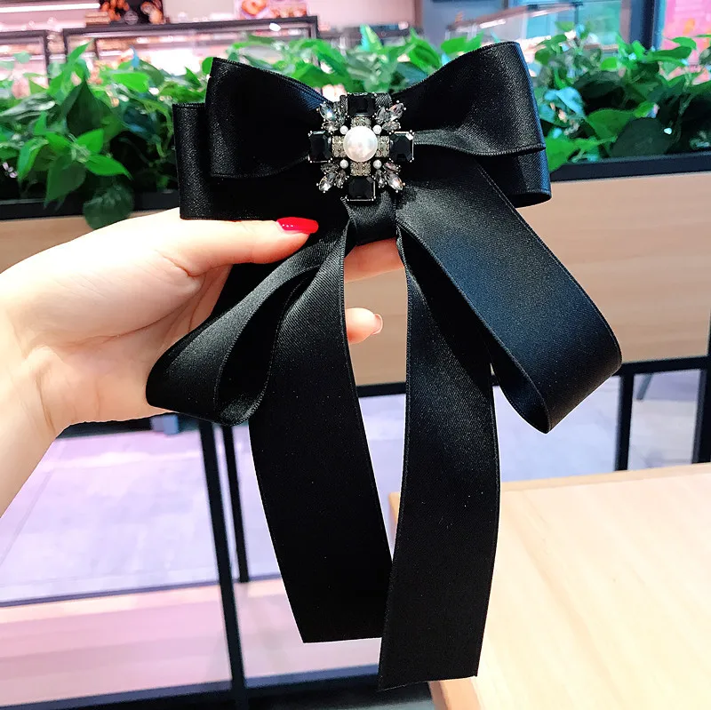 

black pink lace silk fabric ribbon bow butterfly brooch necktie pearl crystal cross cloth collar accessories girl female brooch, Picture