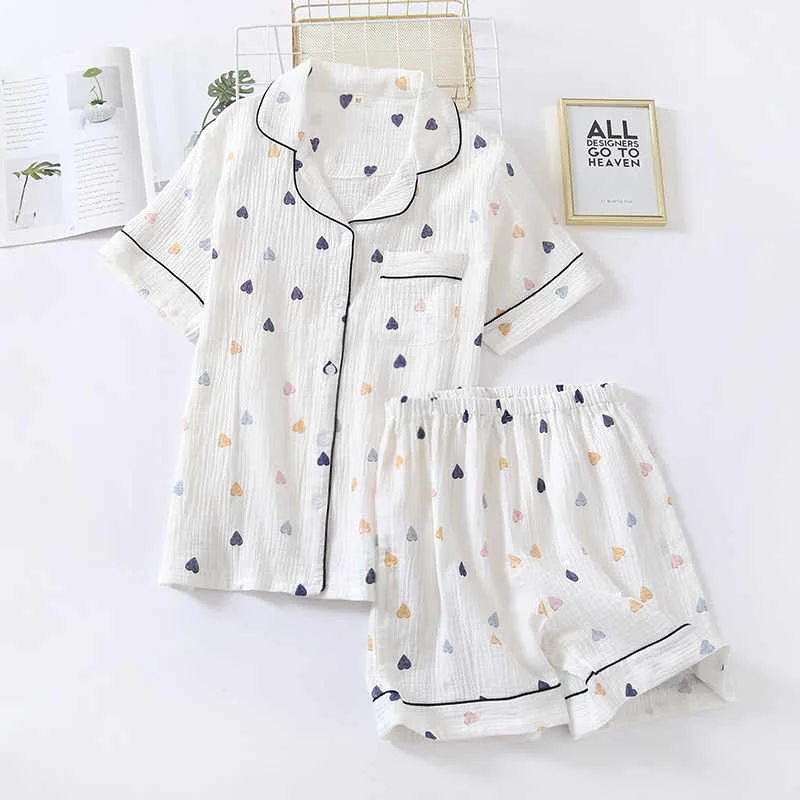 

Japanese summer new ladies cotton gauze short sleeve shorts sleepwear suit cute heart-shaped thin section home service suit woma, Required