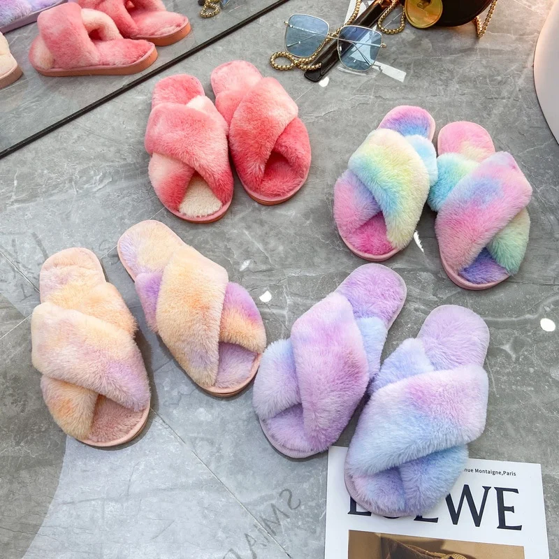 

Ladies fashion fuzzy fur plush rainbow tie dye cross house indoor slipper