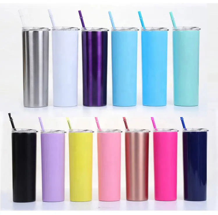 

free sample 20oz travel stainless steel double wall Straight blanks skinny tumbler with lid and straw, Customized color