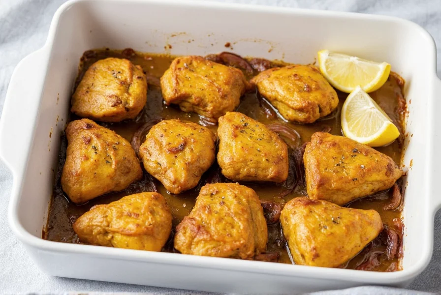 One-pan turmeric lemon chicken with golden chicken thighs, caramelized onions, and lemon wedges on white ceramic dish