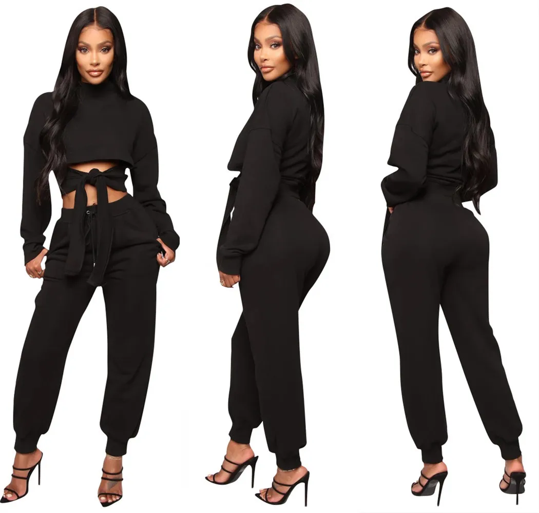 Fashion Solid Color Long Sleeve Crop Tops Comfy Matching Two Piece Set ...
