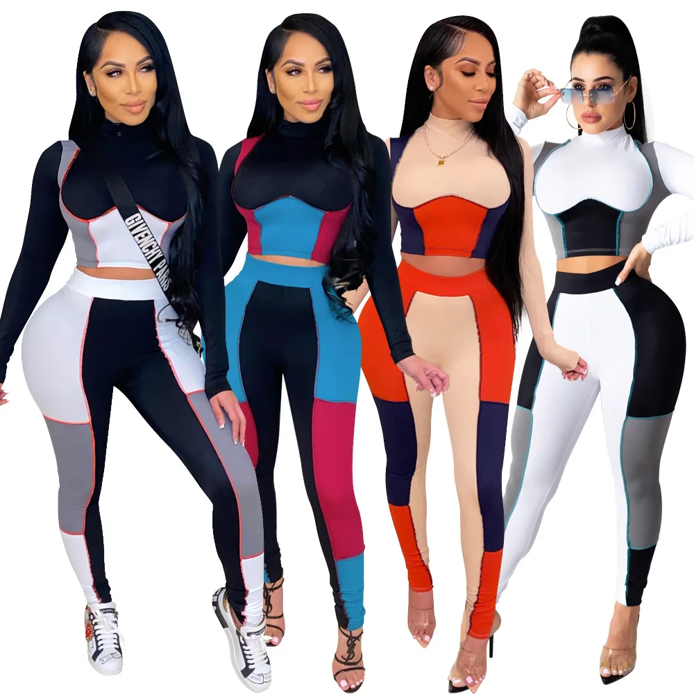 

2021 Fall Color Block Trouser Set Women 2 Two Piece Long Sleeve Crop Top Pants Sets Tracksuit, Black and white,black red blue,apricot blue red,white gray black