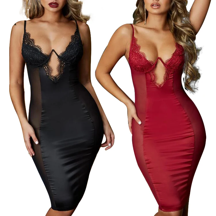 

Mesh Sexy Dress Women 2020 Summer Bodycon Dresses Bustier Satin Lace Side Sheer Cups Party Dress See Through, Black, red