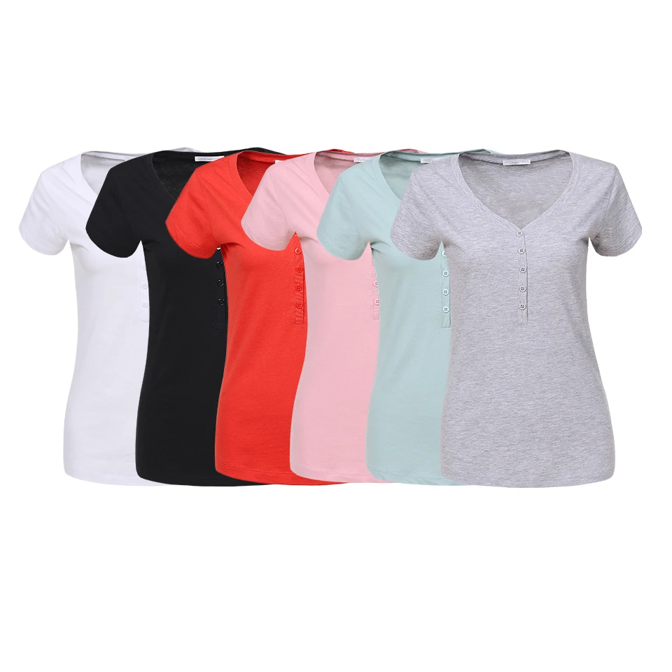 

Big Stock in Europe Women's Basic Button Down V neck Summer Short Sleeve Slim Fit Tee Shirts Tops Wholesale 4PCS/Bag Full Size