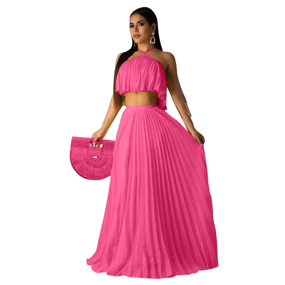 

womens clothing vendors 2021 solid color pleated 2 piece set women dress skirt sets women 2 piece outfits, Yellow/rose red/green/black