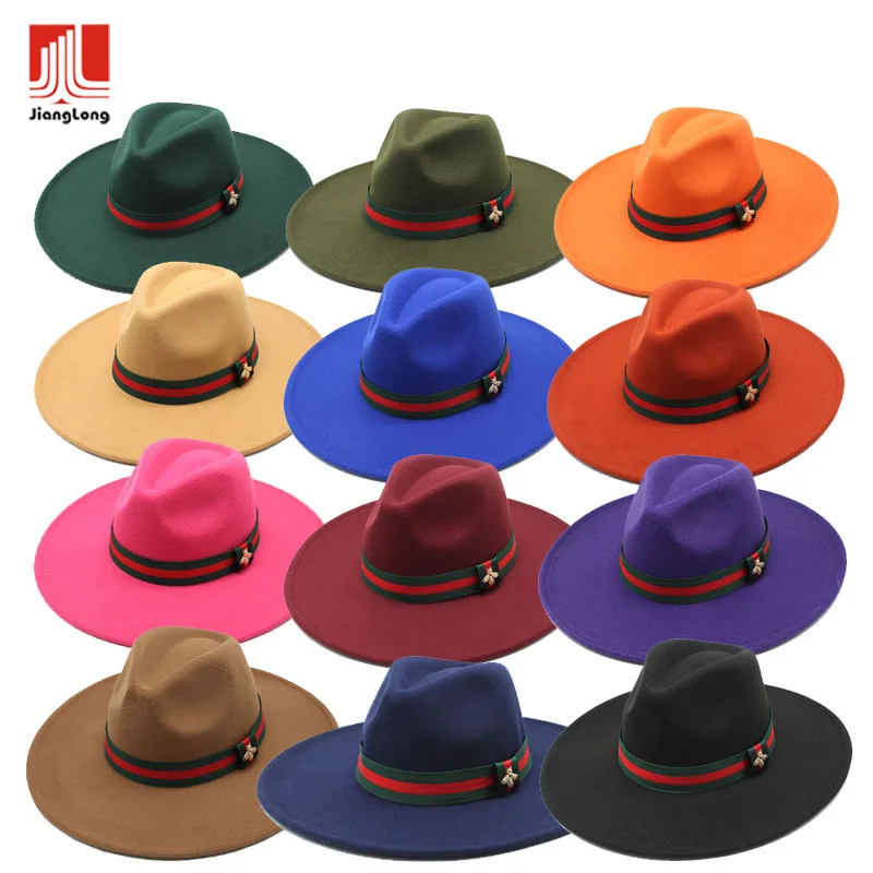 

High quality wool feel wide brim hat women men unisex custom wholesale solid with bee ribbon felt wool fedora hats