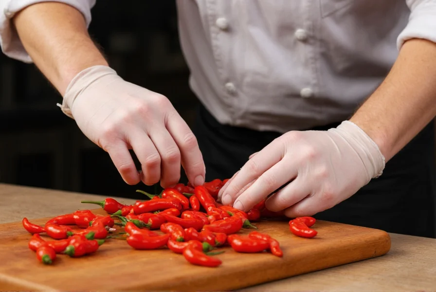 Chef wearing protective gloves while safely handling hot chili peppers on cutting board