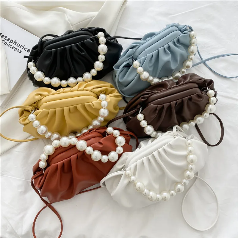 

Niche Design Pearl Ruffles Soft Leather Cloud Bag Korean Fashion Ring Portable Pearl Strap Cloud Bag