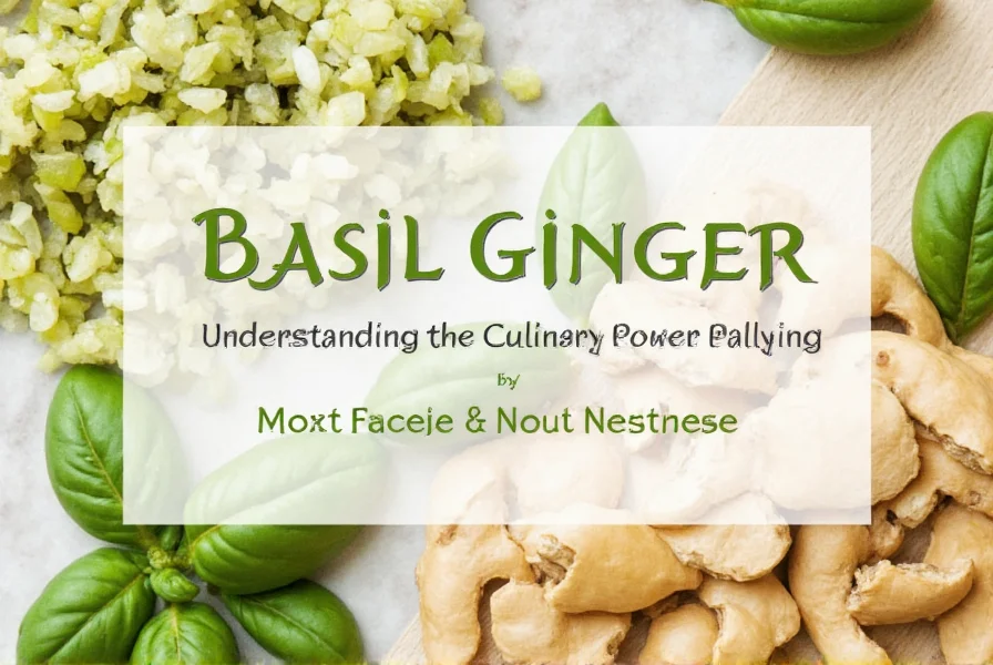 Fresh basil leaves and sliced ginger root arranged on wooden cutting board for culinary photography