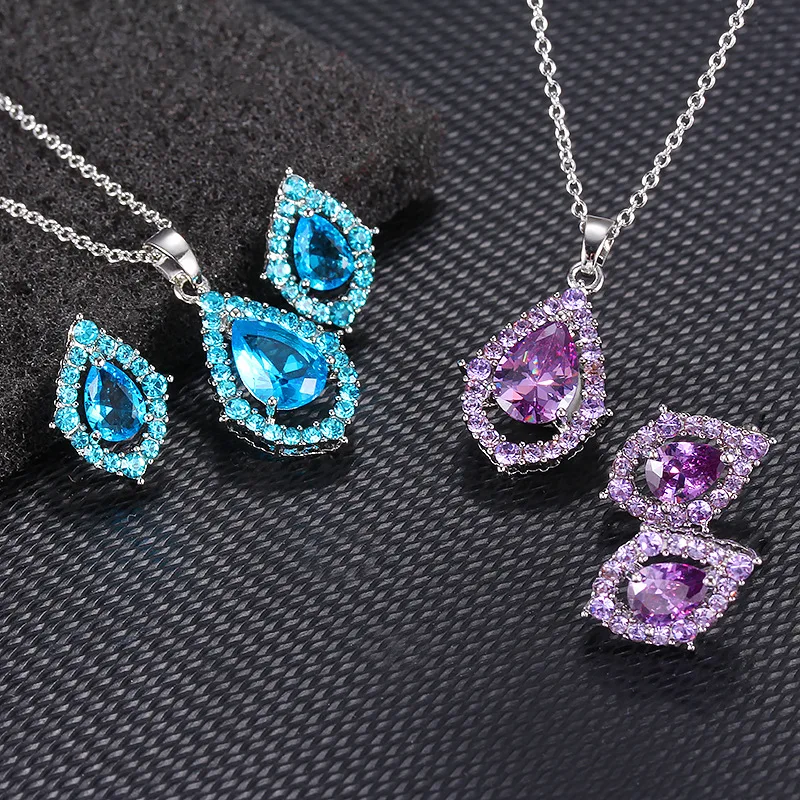 

New Fashion Bridal 925 Silver Plated Zircon Drop Necklace Crystal Drop Pendant Necklace Earrings Set Jewelry For Women