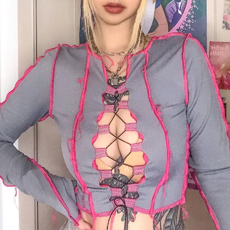 

Sexy New Streetwear Women Fashion Contrast Color Crop Top Bandage Hollow Sexy Slim T-shirt, Avaliable