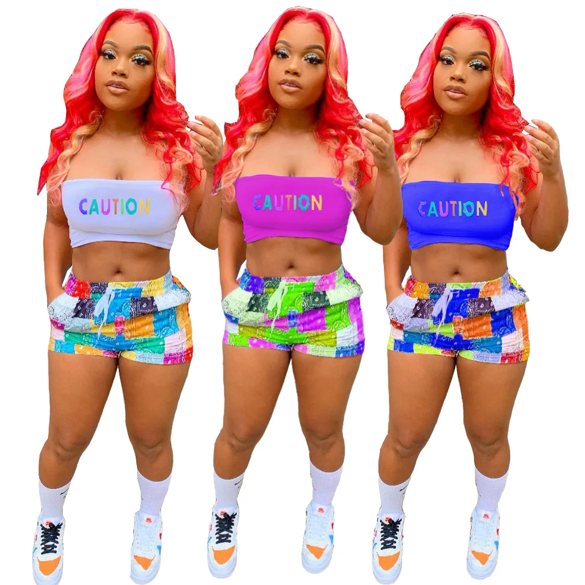 

Summer Strapless Alphabet Short Set Sexy Shorts Two Piece Women Suit Sportswear Mini 2Pcs, Picture shows