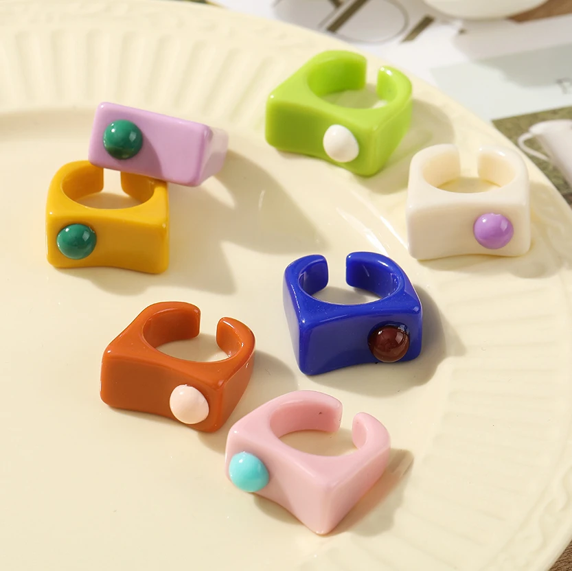 

Trendy Colourful Resin Acrylic Rings set Korean Creative Geometric Square Round Irregular Ring For Women