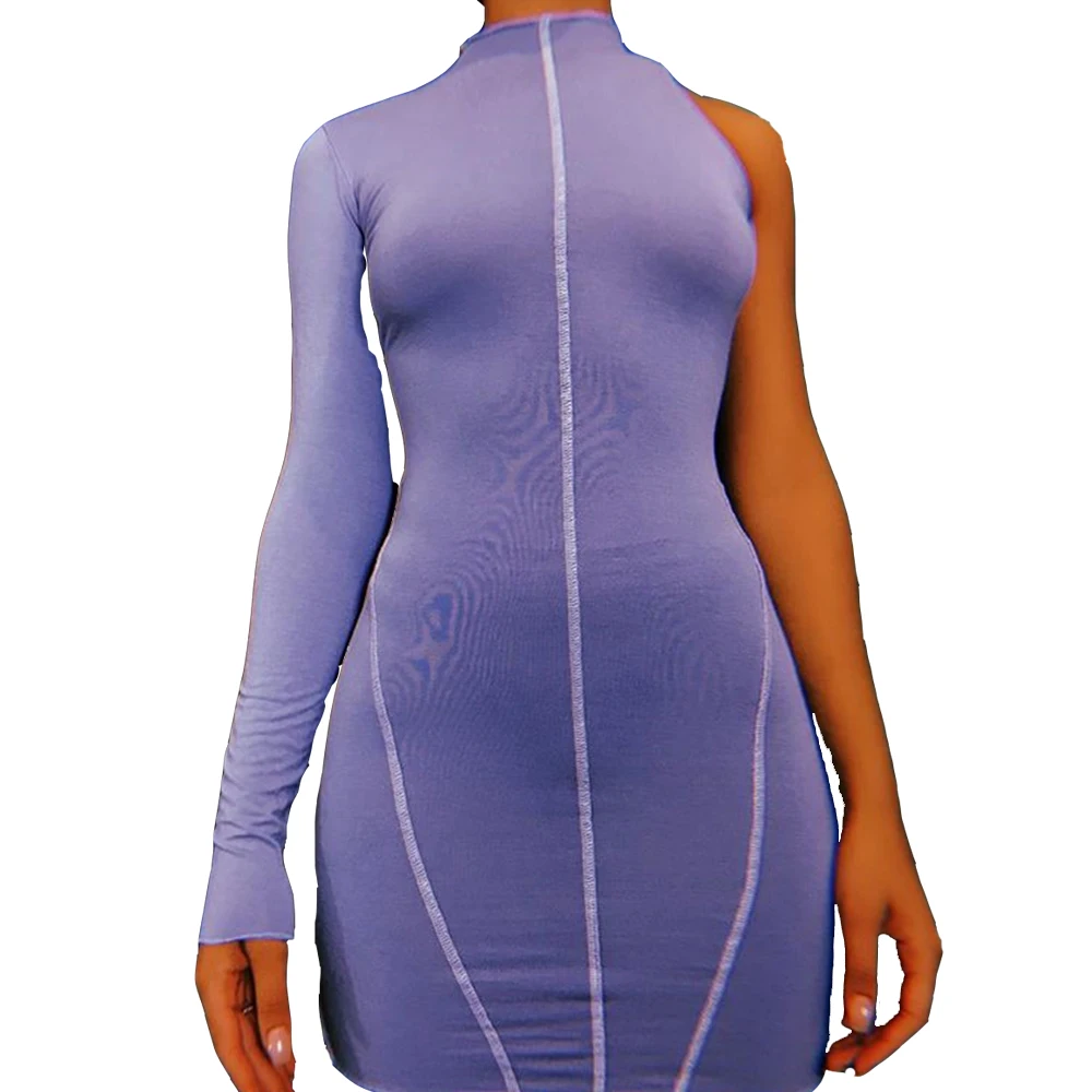 8127 One Shoulder Sexy Bodycon Dress Skew Collar Long Sleeve Mini Women Dress Casual Club Party Dress Short
