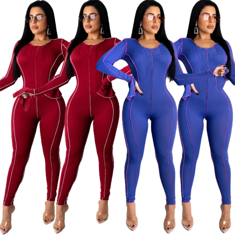 

2020 European and American hot style fall/winter sexy flared sleeve stitching corset jumpsuits women, Red blue