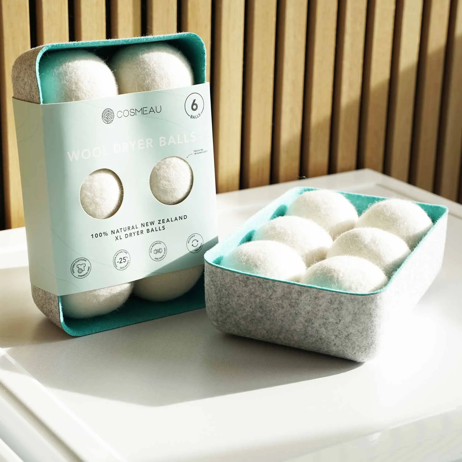 Natural Wool Dryer Balls Set with Felt Storage Tray
