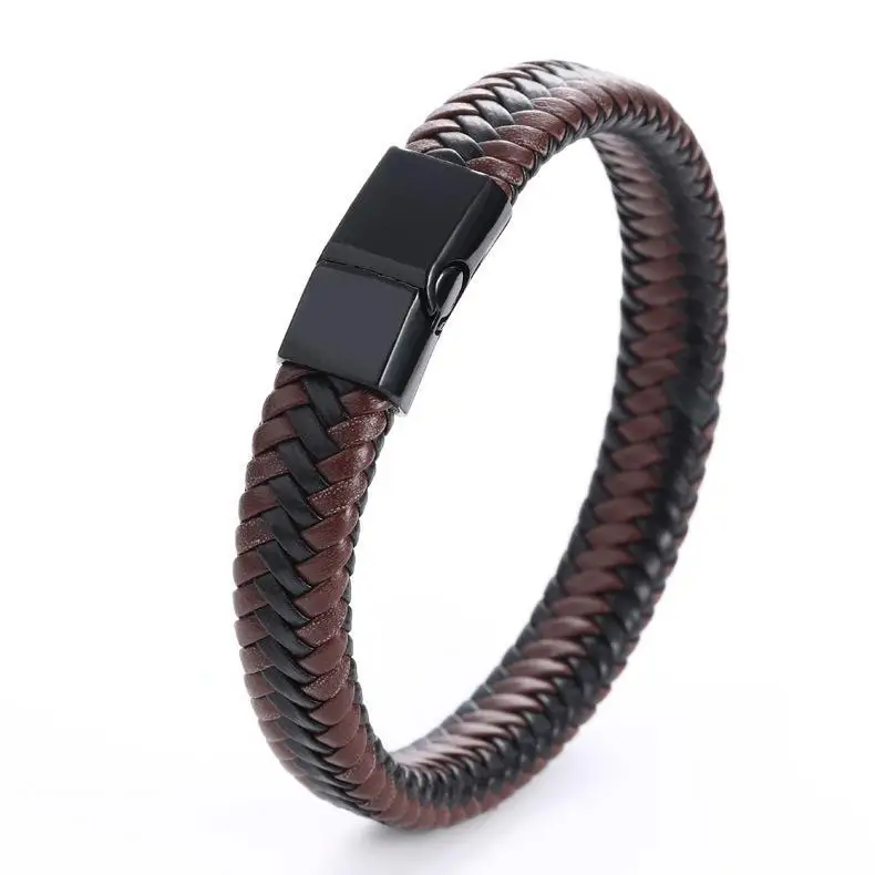 

Factory direct sale fashion simple men's leather bracelet black red hand-woven stainless steel bracelet, As shown in color