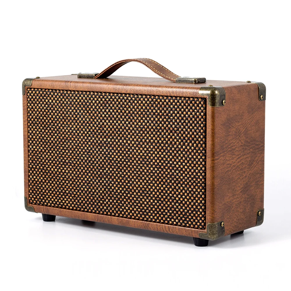 

Blue Wireless BT V5.0 Portable Stereo Leather Retro Speaker with HD Sound and Bass Aux in Tremble Portable Wireless Speaker 20W, Brown