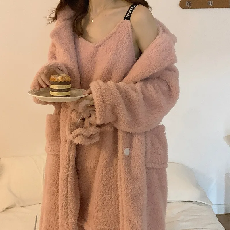 

Women Sleepwear Open Front Drop Shoulder Belted Flannel Robe 3pc Teddy Lounge Set, Customized color
