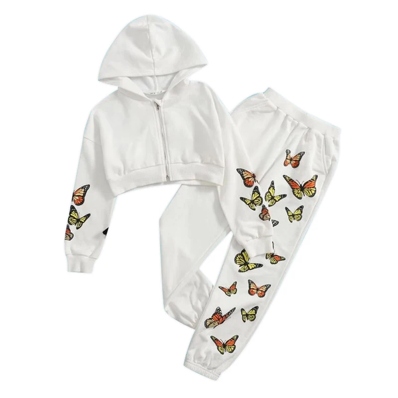 

Girls Zipper Front Butterfly Print French Terry White Hooded Outfit Crop Jogger Girls' Clothing Sets Fall