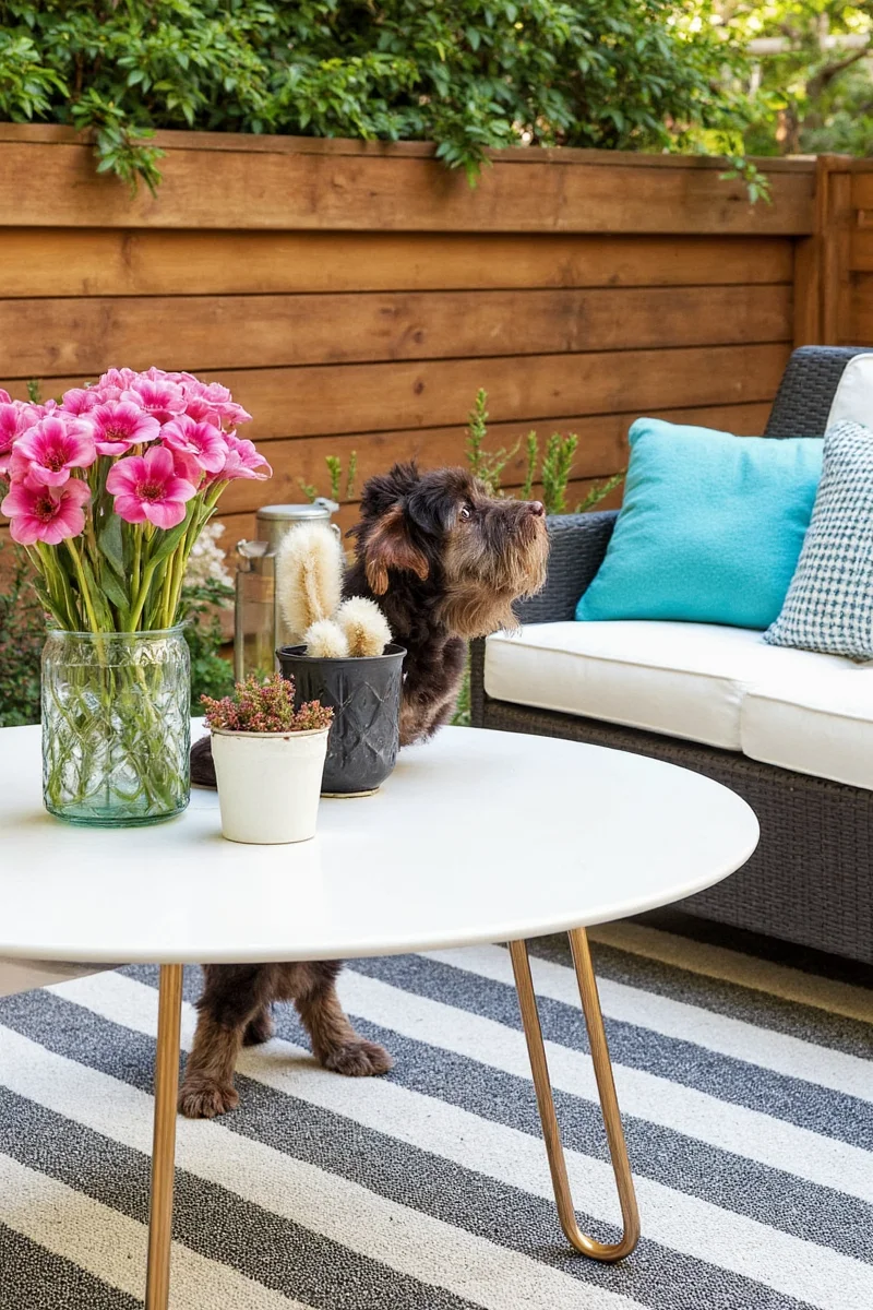 Outdoor pet-friendly garden with raised beds, shaded area, and durable flooring.