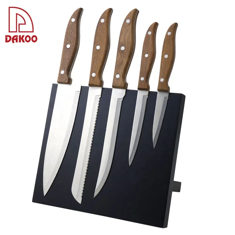 

Walnut Handle 5PCS Kitchen Knives Set With Magnetic Panel Wooden Block, Chocolate