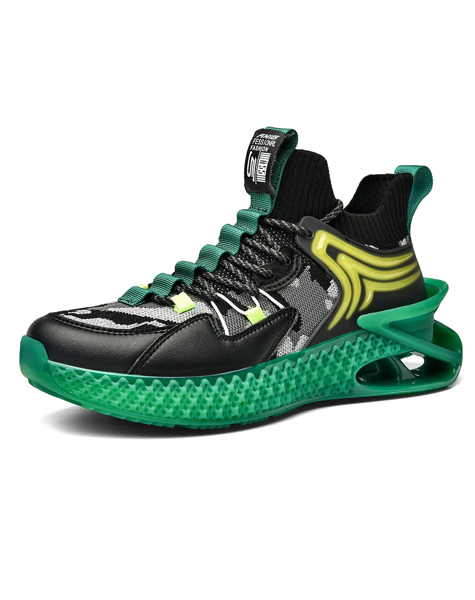 

New high quality socks fashion men's knife-edge luminous shoes hollow sole casual sport shoes for men fashion mesh sneakers, Black-green, white-blue, black-blue