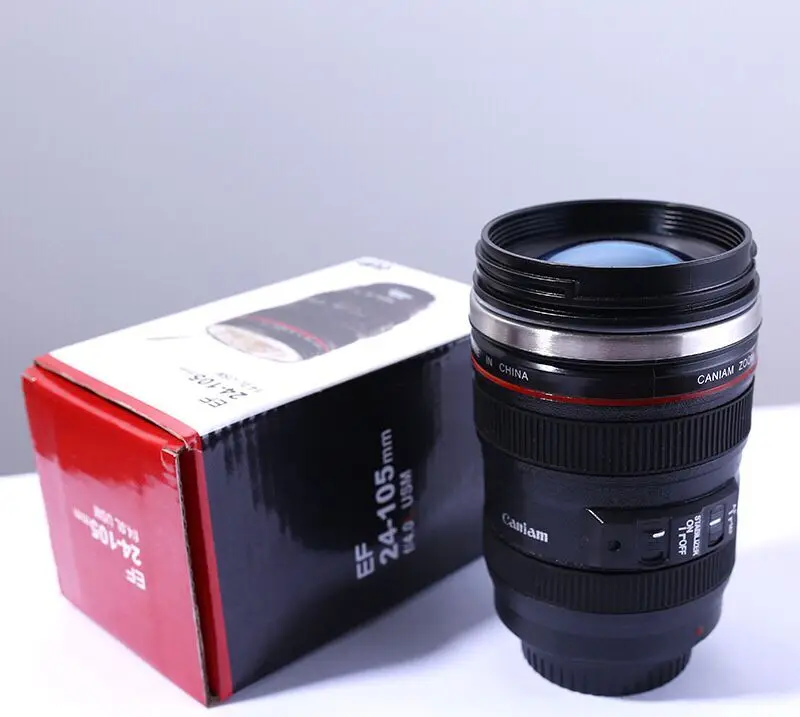 

Amazon hot sale eco friendly stainless steel lens coffee cup 400ml DSLR camera lens mug with custom logo, Black