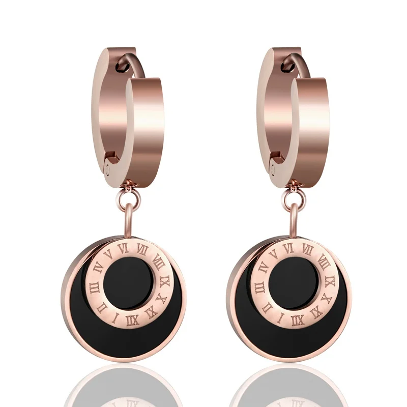 

New Arrival Black Circle Inlaid Roman Numerals Circle Drop Earrings Stainless Steel Brand Rose Gold Color Earrings For Women, Customized