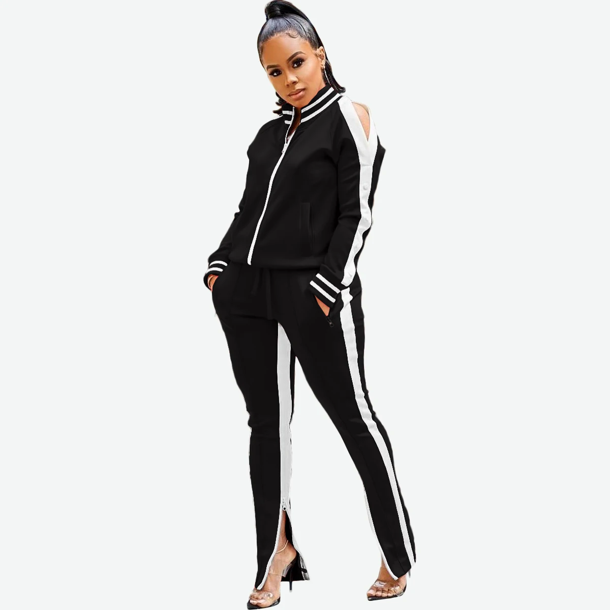 

Fall clothing spring Autumn long sleeve tracksuit with striped off shoulder sports Two Piece suit for women, Picture