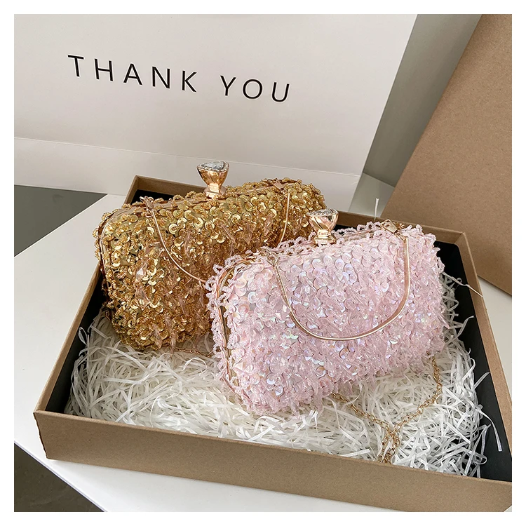 

2021 new rhinestone tassel dinner bag western style ladies handbag sequin box bag, White pink red
