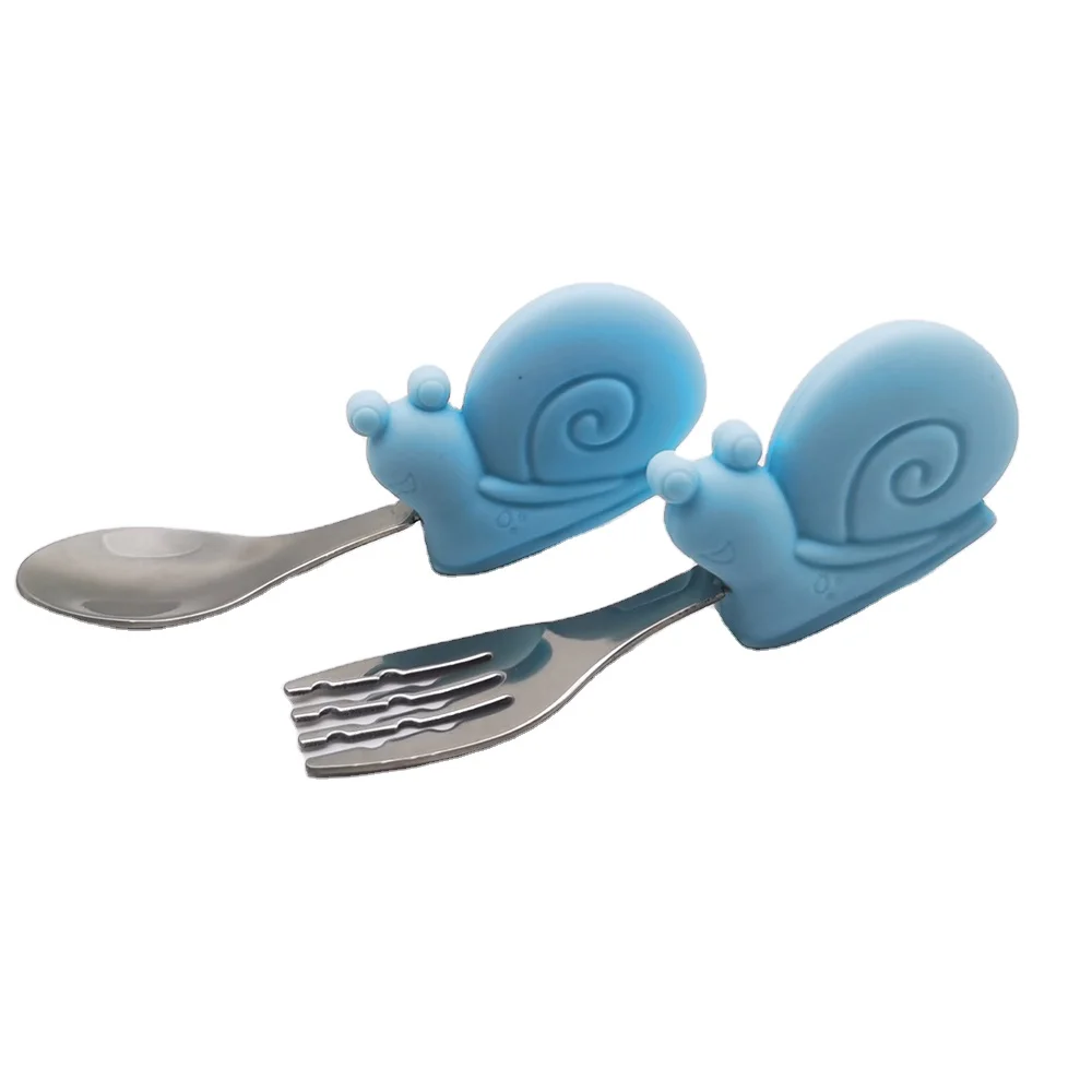 

Hot Sale Snail Silicone Toddler Infants Food Grade Silica Gel Spoon And Fork Set, 8colors