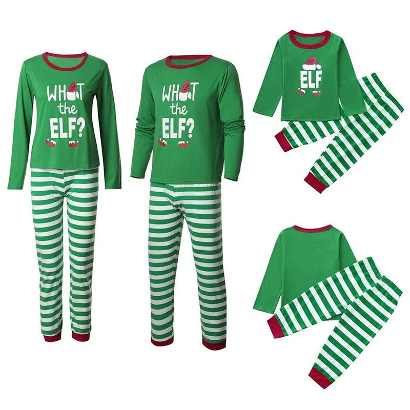 

2021 Kids Night Dress Plus Size Woman Green Stripes Christmas Pajamas Wholesale Cotton Matching Christmas Pajamas For Family