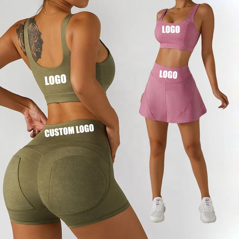 

women 4 piece Athletic Wear Suit Workout Outfits Running Tennis Skirts yoga clothing fitness Gym Sports Bra Leggings shorts sets